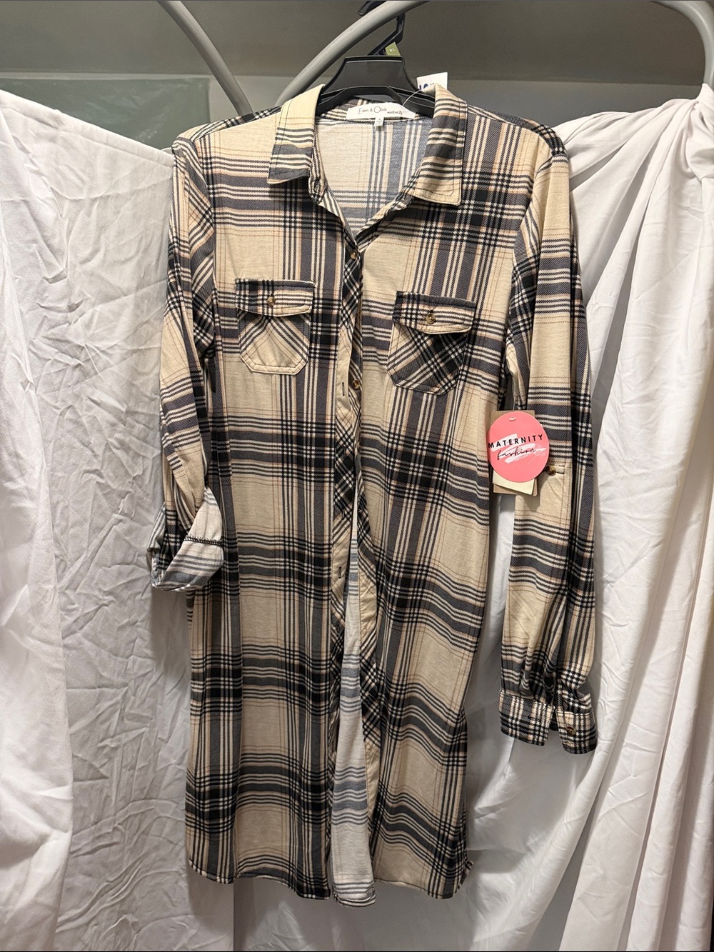 Maternity Long-Sleeve Plaid Shirt Dress in Beige and Black